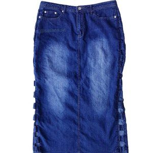 Womens Goddess Coastal Cowgirl Stonewashed Lattice-Cut Ramie Denim Jean Skirt ♥️